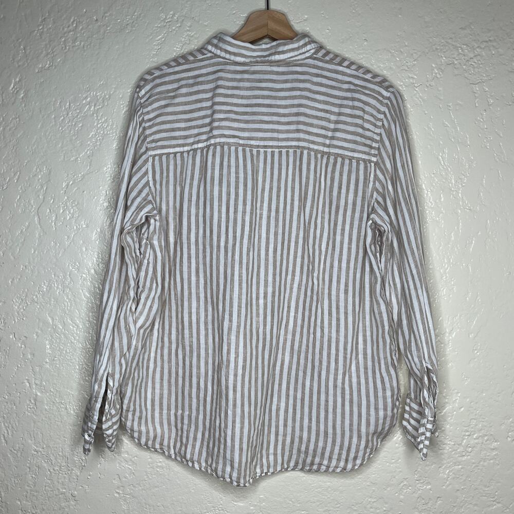 H&M Linen Striped Button Down Shirt Relaxed Resort Vacation Tan Women Large - Picture 2 of 7